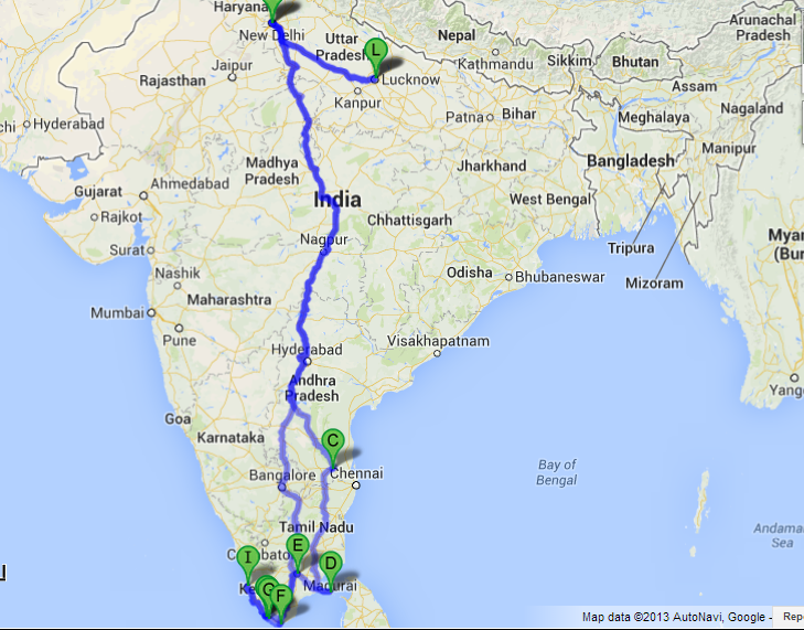 Itinerary for the Grand South trip- December’13